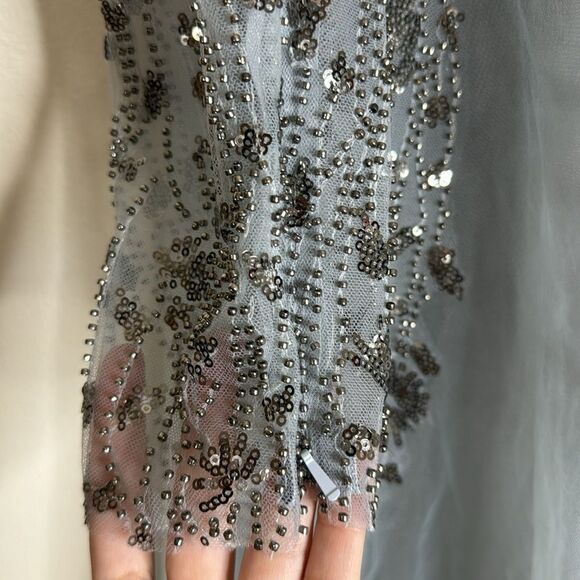 Mac Duggal EMBELLISHED V NECK LONG SLEEVE A LINE GOWN in platinum blue size 12 - Picture 14 of 16